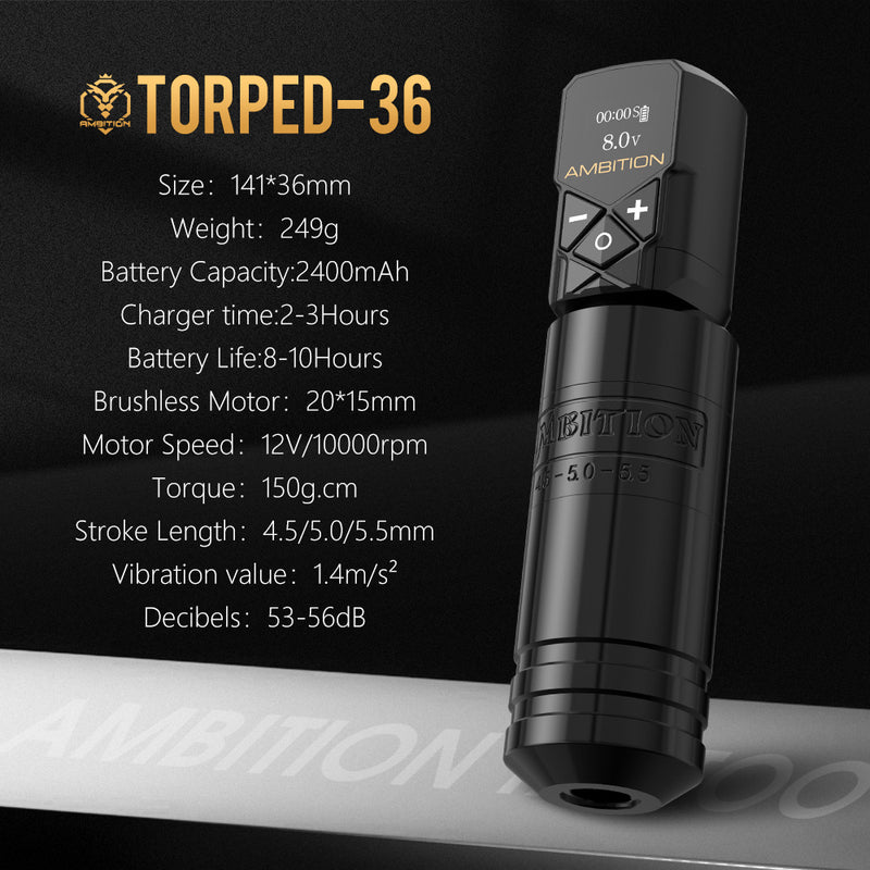 Ambition Torped 36 Stroke 4.5-5.0-5.5mm  Brushless Motor Rotary Tattoo Pen