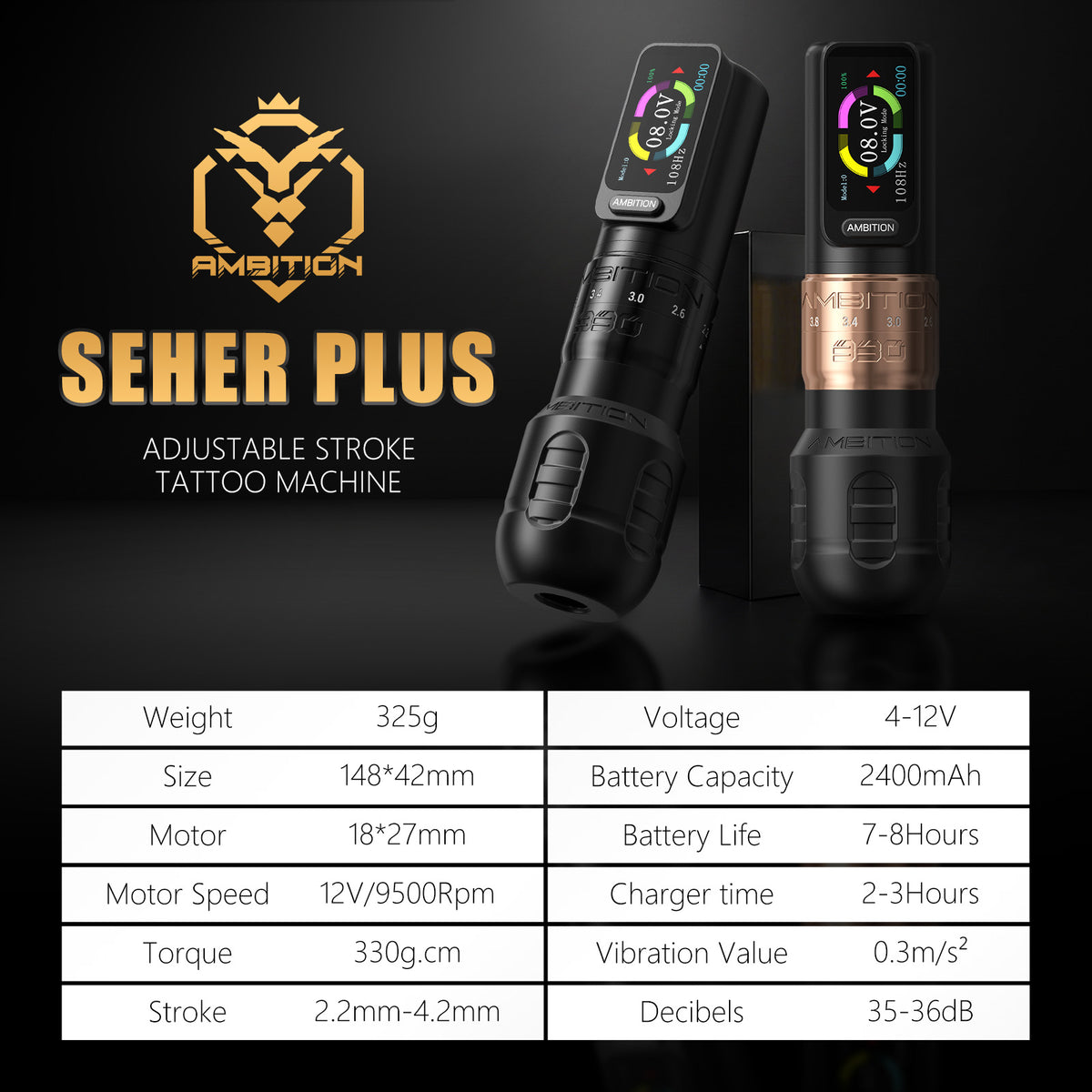 Ambition Seher Plus Wireless Tattoo Machine with 6 Strokes Length 2.2mm-4.2mm