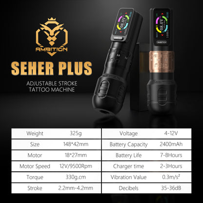 Ambition Seher Plus Wireless Tattoo Machine with 6 Strokes Length 2.2mm-4.2mm